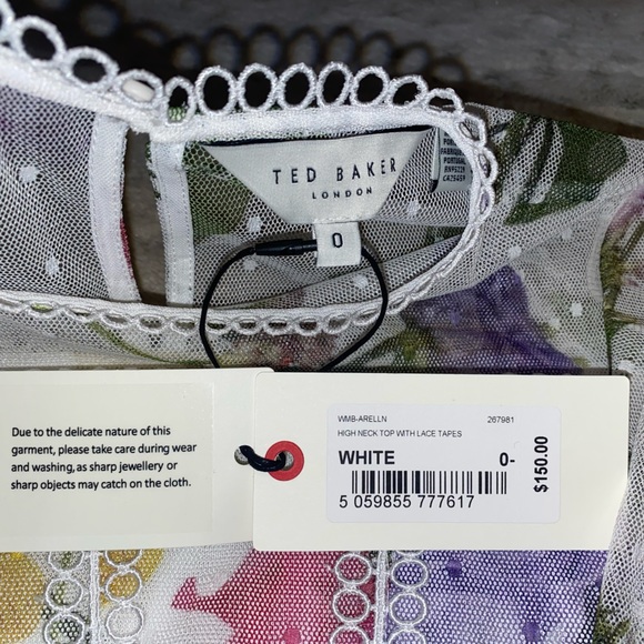 NWT💕TED BAKER Arelln Floral High Neck Top With Lace Details Size 0 - Picture 10 of 16